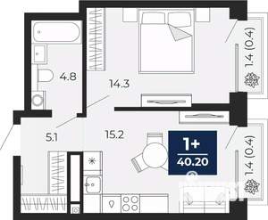 1-к квартира, сданный дом, 42м2, 3/14 этаж