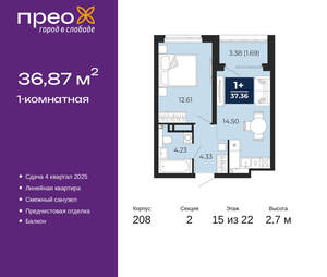 1-к квартира, вторичка, 37м2, 15/22 этаж