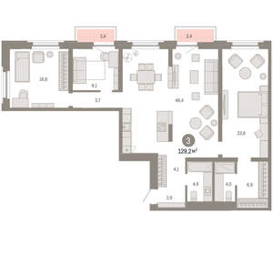 3-к квартира, вторичка, 129м2, 2/16 этаж