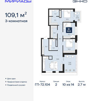3-к квартира, сданный дом, 109м2, 10/18 этаж