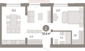 1-к квартира, вторичка, 57м2, 6/10 этаж