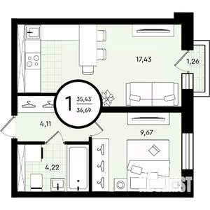 1-к квартира, вторичка, 37м2, 4/4 этаж