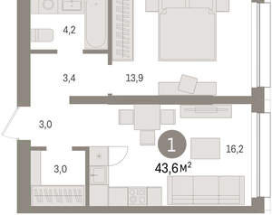 1-к квартира, вторичка, 44м2, 2/9 этаж