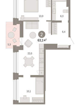 2-к квартира, вторичка, 63м2, 6/8 этаж