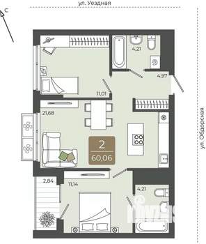 2-к квартира, вторичка, 60м2, 4/15 этаж