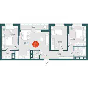 3-к квартира, вторичка, 79м2, 19/19 этаж