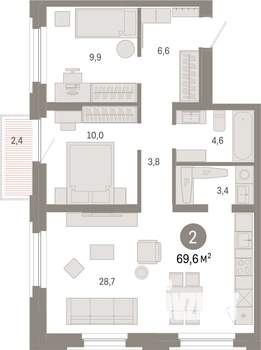2-к квартира, вторичка, 70м2, 5/16 этаж