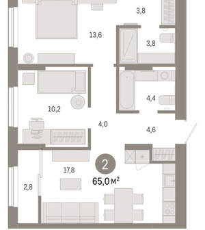 2-к квартира, вторичка, 65м2, 17/17 этаж