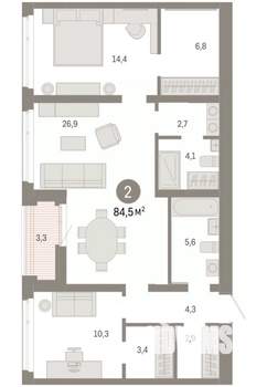 2-к квартира, вторичка, 85м2, 9/9 этаж