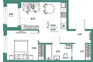2-к квартира, вторичка, 45м2, 13/25 этаж