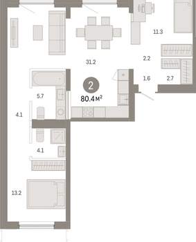 2-к квартира, вторичка, 80м2, 7/8 этаж