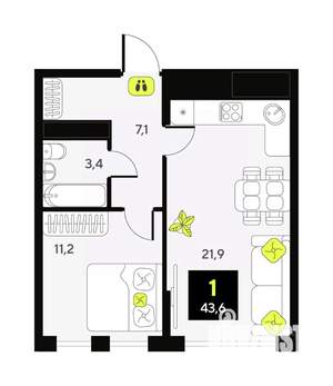 1-к квартира, вторичка, 44м2, 9/13 этаж