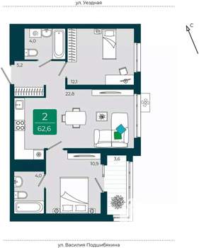 2-к квартира, вторичка, 63м2, 12/16 этаж