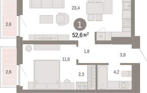 1-к квартира, вторичка, 53м2, 6/16 этаж