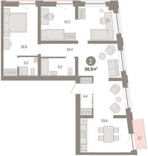 2-к квартира, вторичка, 99м2, 2/10 этаж