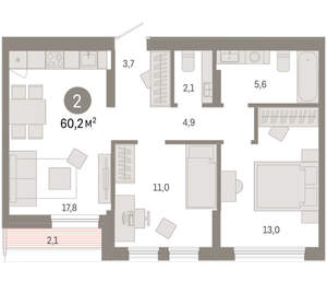 2-к квартира, сданный дом, 60м2, 9/17 этаж