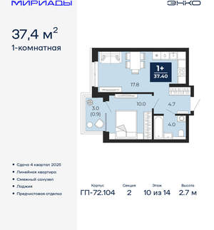 1-к квартира, вторичка, 37м2, 10/18 этаж