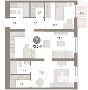 2-к квартира, вторичка, 74м2, 9/16 этаж