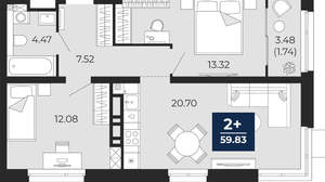 2-к квартира, вторичка, 62м2, 12/22 этаж