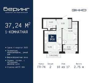 1-к квартира, вторичка, 37м2, 10/17 этаж