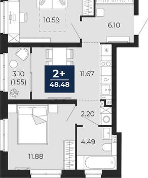 2-к квартира, вторичка, 48м2, 17/21 этаж