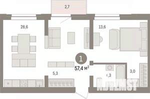 1-к квартира, вторичка, 57м2, 6/10 этаж