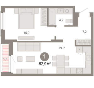 1-к квартира, вторичка, 53м2, 2/17 этаж