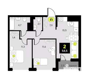 2-к квартира, вторичка, 55м2, 22/23 этаж