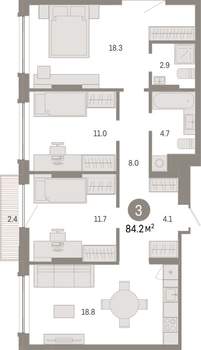 3-к квартира, вторичка, 84м2, 3/8 этаж