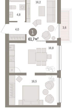 1-к квартира, вторичка, 62м2, 6/9 этаж