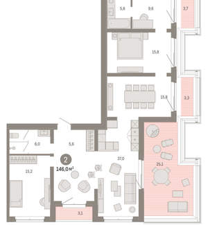 2-к квартира, вторичка, 146м2, 6/11 этаж