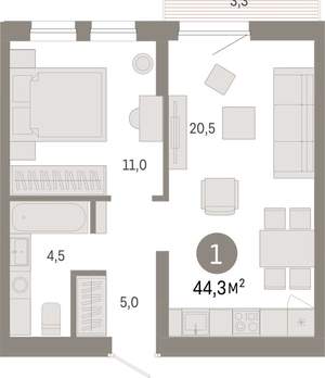 1-к квартира, вторичка, 44м2, 3/17 этаж