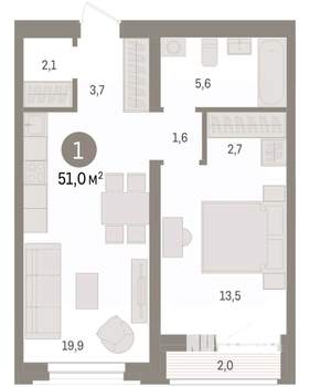 1-к квартира, вторичка, 51м2, 4/10 этаж