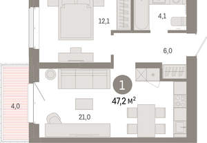 1-к квартира, вторичка, 47м2, 5/11 этаж