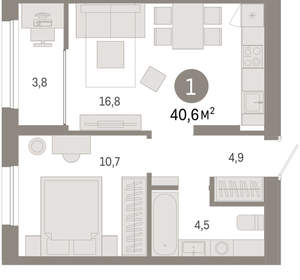 1-к квартира, вторичка, 41м2, 2/17 этаж