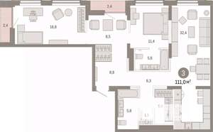 3-к квартира, вторичка, 111м2, 3/17 этаж