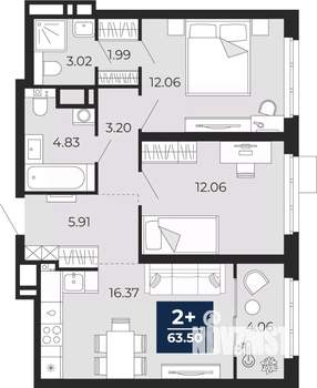 2-к квартира, вторичка, 61м2, 14/20 этаж