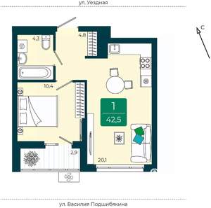 1-к квартира, вторичка, 43м2, 8/9 этаж