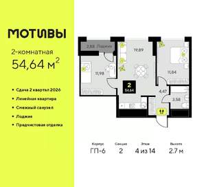 2-к квартира, вторичка, 55м2, 4/14 этаж