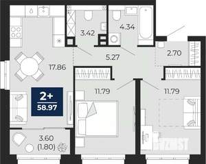 2-к квартира, вторичка, 59м2, 2/9 этаж