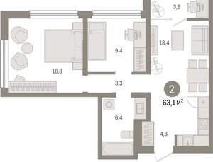 2-к квартира, вторичка, 63м2, 4/9 этаж