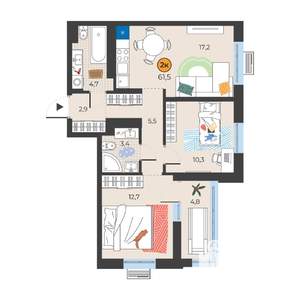 2-к квартира, вторичка, 58м2, 6/10 этаж