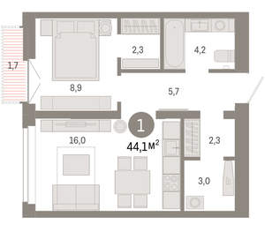 1-к квартира, вторичка, 44м2, 8/16 этаж
