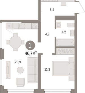 1-к квартира, вторичка, 47м2, 4/9 этаж