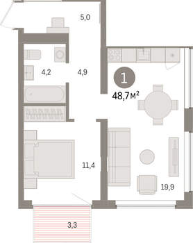 1-к квартира, вторичка, 49м2, 4/9 этаж