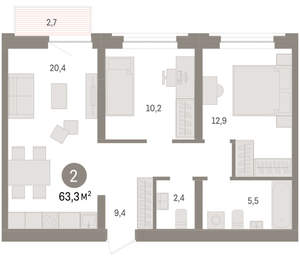 2-к квартира, вторичка, 63м2, 6/10 этаж