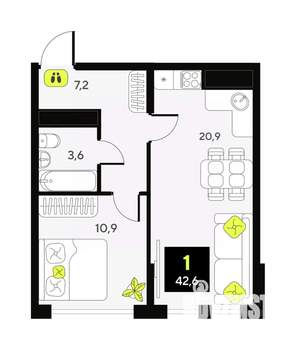 1-к квартира, вторичка, 43м2, 12/13 этаж