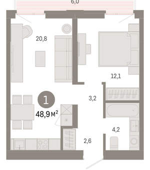 1-к квартира, вторичка, 49м2, 6/25 этаж