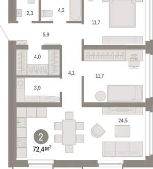 2-к квартира, вторичка, 72м2, 12/16 этаж