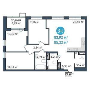 3-к квартира, вторичка, 83м2, 16/24 этаж